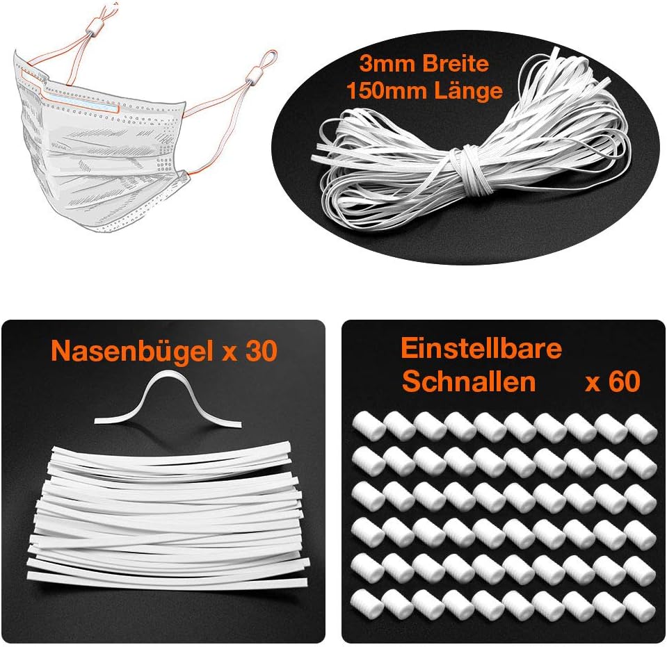 [9-12 Days Delivery] 15-Yards Length 1/8" Width Braided Elastic Cord/Flat Elastic Band Rope Bungee + 60 PCS Adjustable Buckles + 30 PCS Nose Wire Bridges for Sewing and Crafting (White)