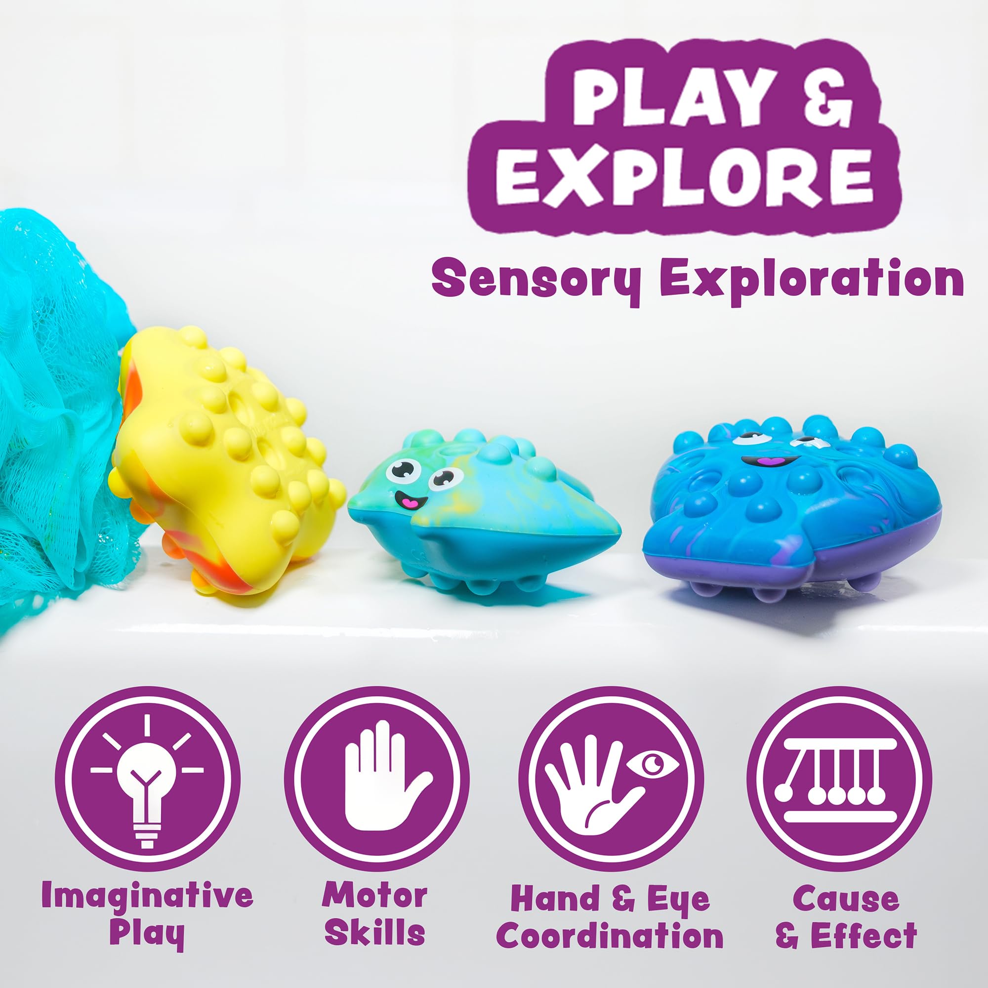 Tub Poppers™ Popping Kids & Toddler Bath Toys, 3 Pack | Push, Poke, Squish & Pop it Fidget Toys for The Bathtub | Irresistible Bubbles with Satisfying 'Pops' | Multi Sensory Kids Bath Toys