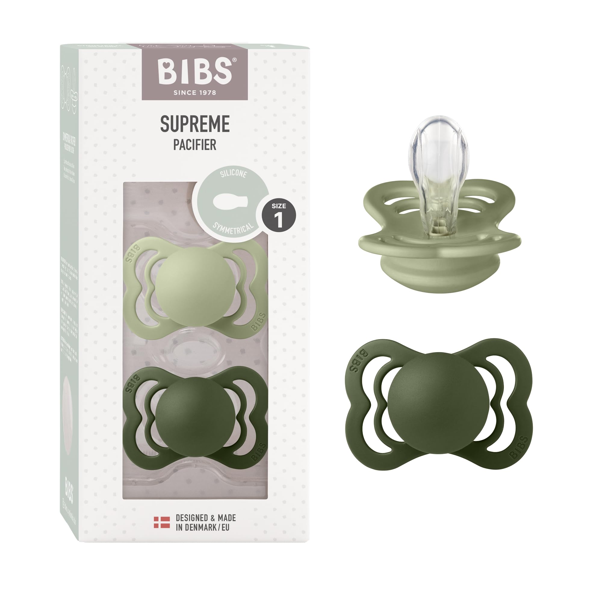BIBS Supreme Dummies 2-Pack, BPA Free Dummy Pacifier, Silicone Symmetrical Nipple Soother, Size 1 (0-6 Months), Sage/Hunter Green