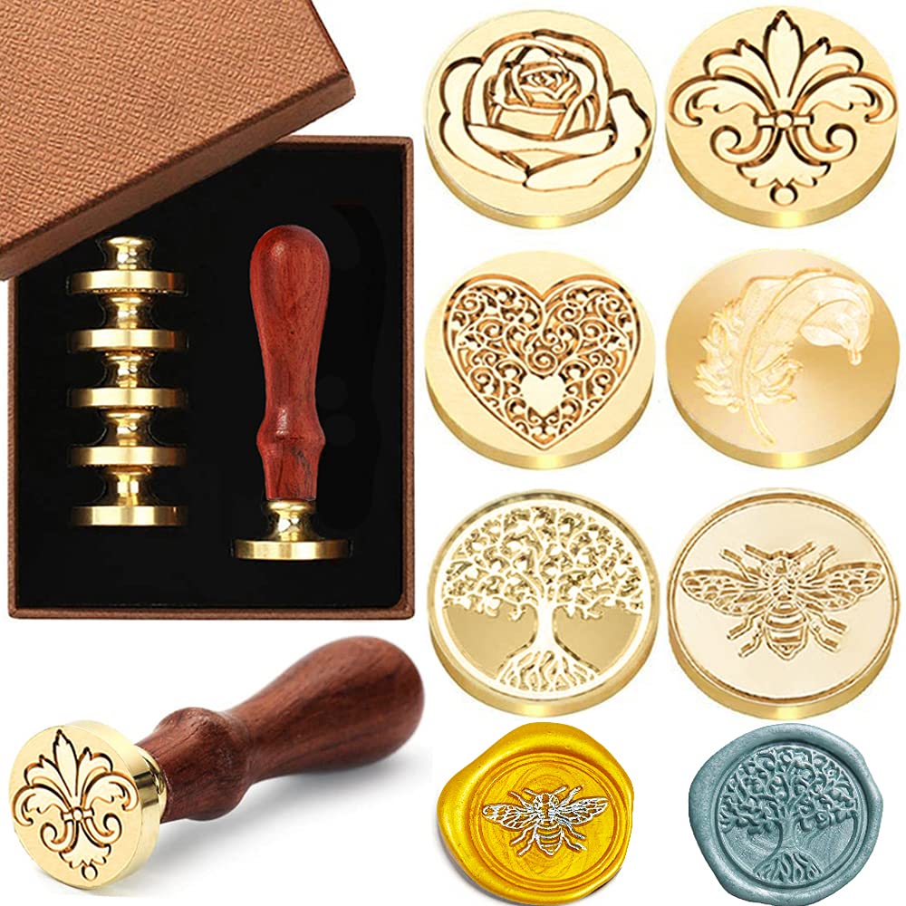 Wax Seal Stamp Set - 6 Pieces Copper Seals With Wooden Handle for Cards, Envelopes, Invitations, Wine Packages (Classic Nostalgia)