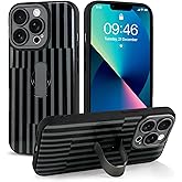 Jefonha Compatible with iPhone 13 Pro Case with Finger Hand Strap Kickstand, Trendy Cool Striped Phone Case for Women Men, Full Camera Protection Shockproof Protective Cover, Black Stripes