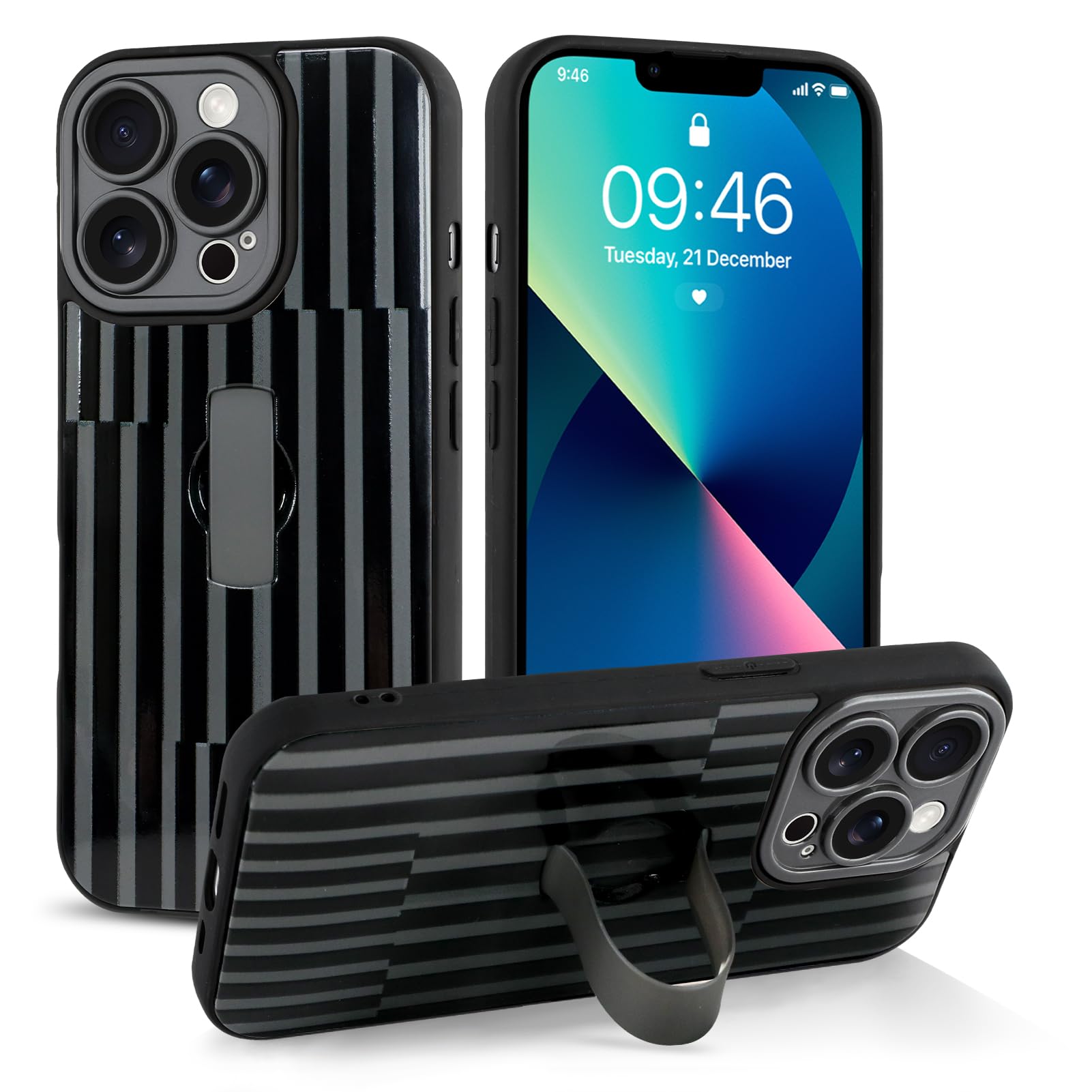 Jefonha Compatible with iPhone 13 Pro Max Case with Finger Hand Strap Kickstand, Trendy Cool Striped Phone Case for Women Men, Full Camera Protection Shockproof Protective Cover, Black Stripes