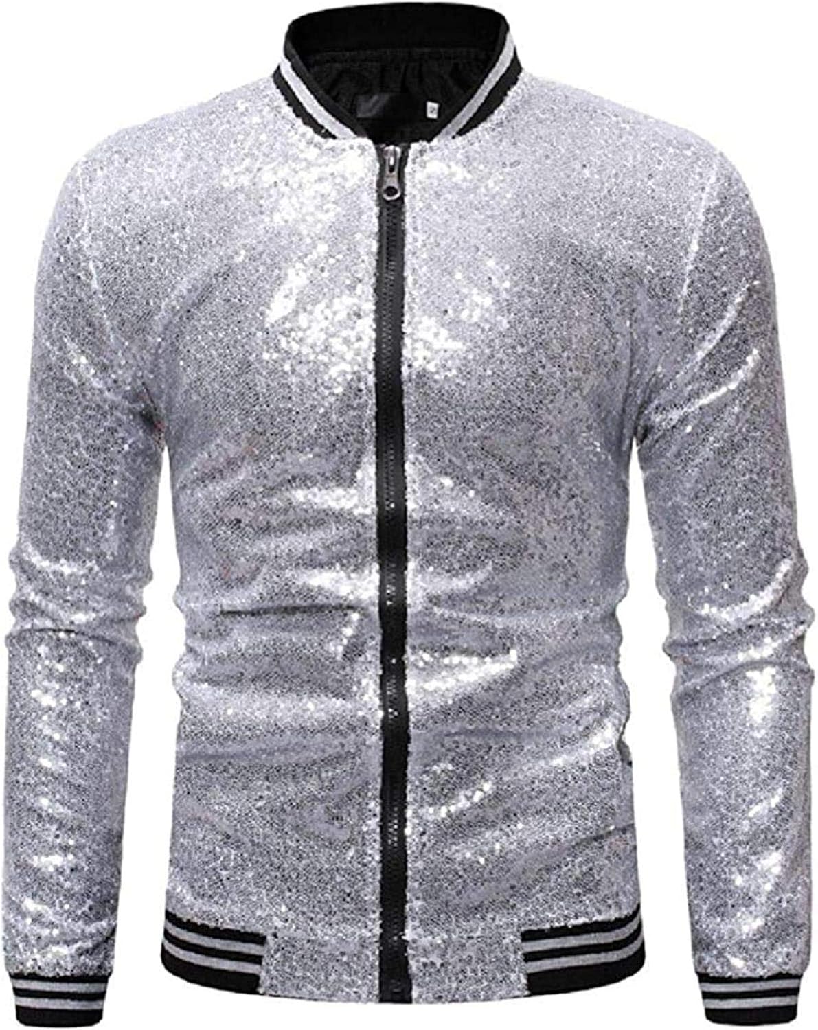 Men Sequins Casual Jackets ZipUp LongSleeve Party Slim Jackets Silver