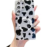 YOUWUMA for Samsung Galaxy S23 Ultra Case Magnetic Glitter Camera Lens Protector for Women Girls Cute Design Soft TPU Shockproof Protective Case (Cow)
