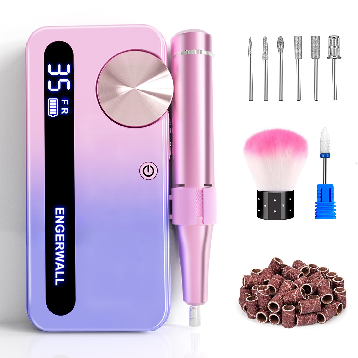 ENGERWALL 35,000 RPM Professional Electric Nail Drill, Rechargeable Cordless E-File for Acrylic and Gel Nails, LCD Display, 7 Bits & 56 Sanding Bands, Portable Manicure & Pedicure Kit (Pink-Blue)