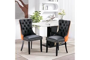SoarFlash Leather Dining Chairs Set of 2, Tall Back Side Chair, Modern Upholstered Side Chair with Button Back Ring, Solid Wood Legs (Black&Orange)