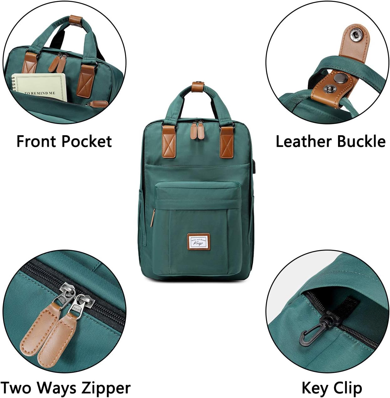 Kasgo School Backpack for Men Water Resistant 15.6 inch Laptop Rucksack with USB Charging Port Bookbag Casual Daypack for Women Teenagers College Travel Work (Dark Green) - Image 5