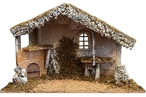 VILLAGE GIFT IMPORTERS Nativity Creche Stable | 12" Tall and 19" Wide | 2 Styles | Realistic Moss Hay Wood and Fabric | Made in Italy (Haystack and Fireplace)