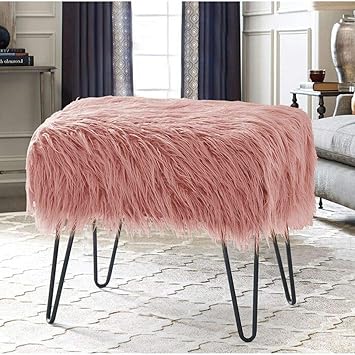 Amazon Com 1 Piece Modern Contemporary Glam Style Rectangle Stool Coral Pink Color Luxurious Faux Fur Standard Ottoman Foot Stool Pouf Cozy Comfy Soft Fluffy Stylish Fade Resistant Living Room Bedroom
