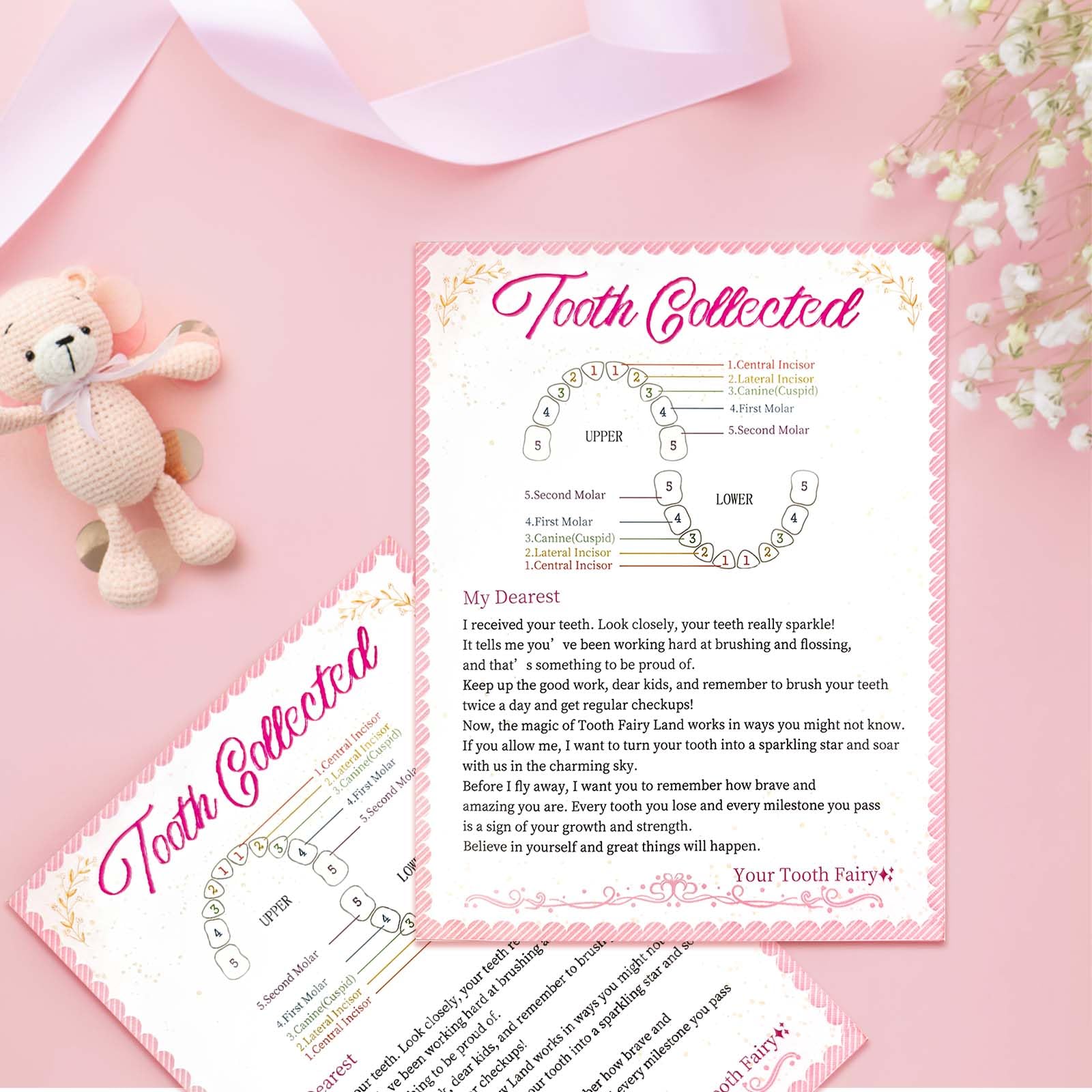 GerRiT 20 Tooth Fairy Receipt Cards Tooth Fairy Notes Certificate Keepsake First Lost Tooth Fairy Gifts for Girls Envelopes