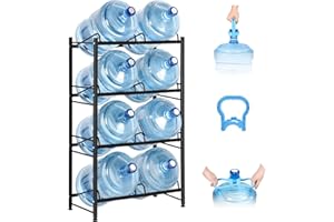 SEHERTIWY 5 Gallon Water Bottle Holder, 4 Tier Water Jug Rack, Water Cooler Jug Rack for 5 Gal Water Bottle, Water Jug Dispenser Stand,Heavy Duty 5 Gallon Water Jug Stand for 8 Bottles with Lifter(4 Tier,Black)