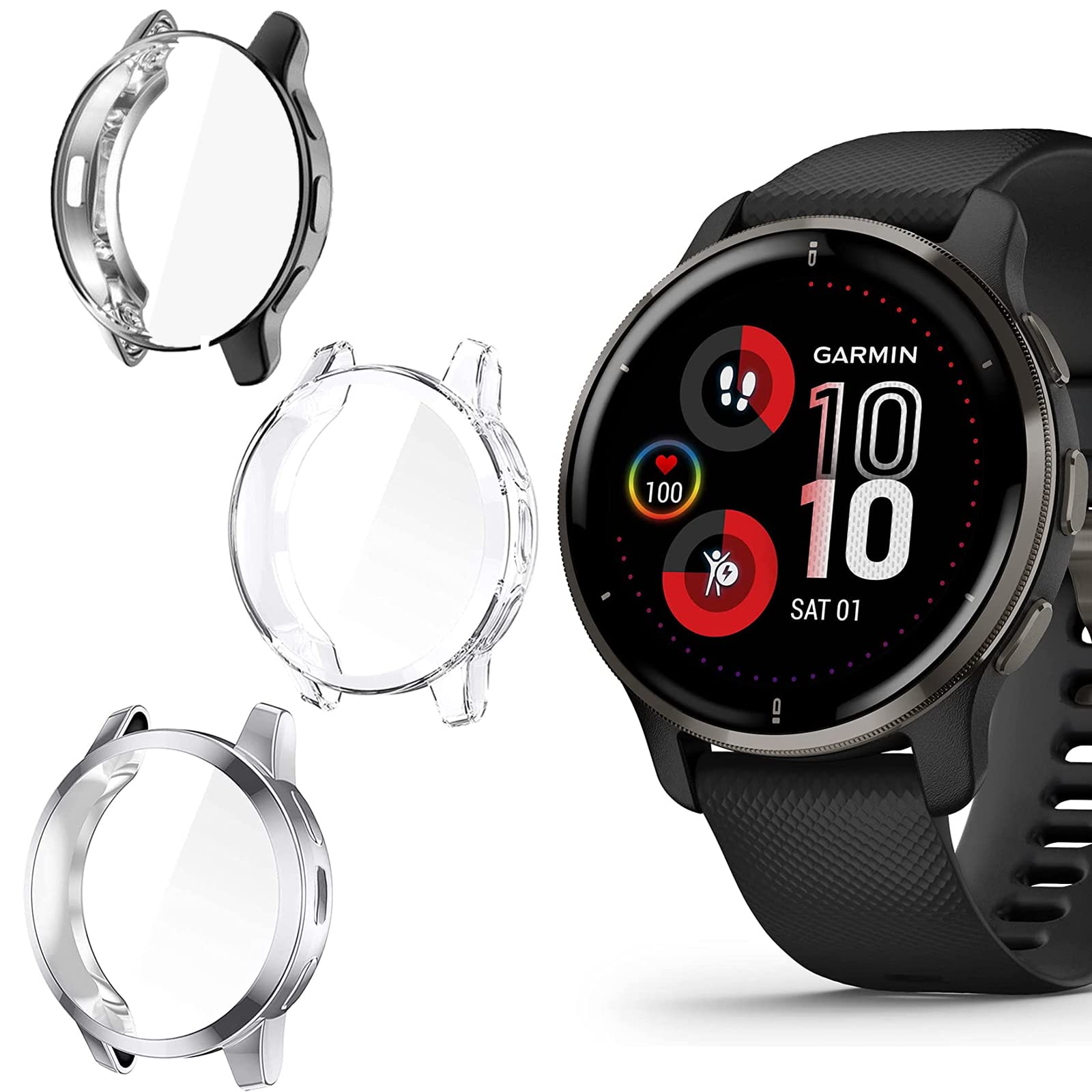 Venu 2 Plus Case, onetuo All-Around Protective TPU Bumper Cover Screen Protector Case Cover Compatible for Garmin Venu 2 Plus Smartwatch (3 pack-Clear+Black+Silver)