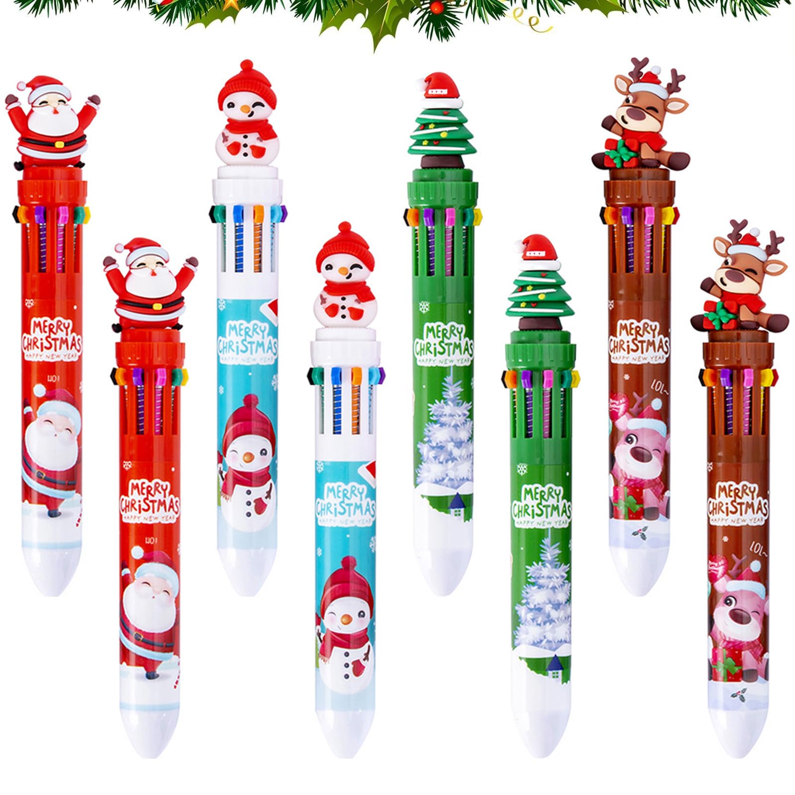 RoadLoo Christmas Ballpoint Pens, 8 Stück Multicolor Christmas Ballpoint Pens 10-in-1 Multicolor Retractable Shuttle Pen Santa Claus Rollerball Pens for students Children Christmas Party Gifts