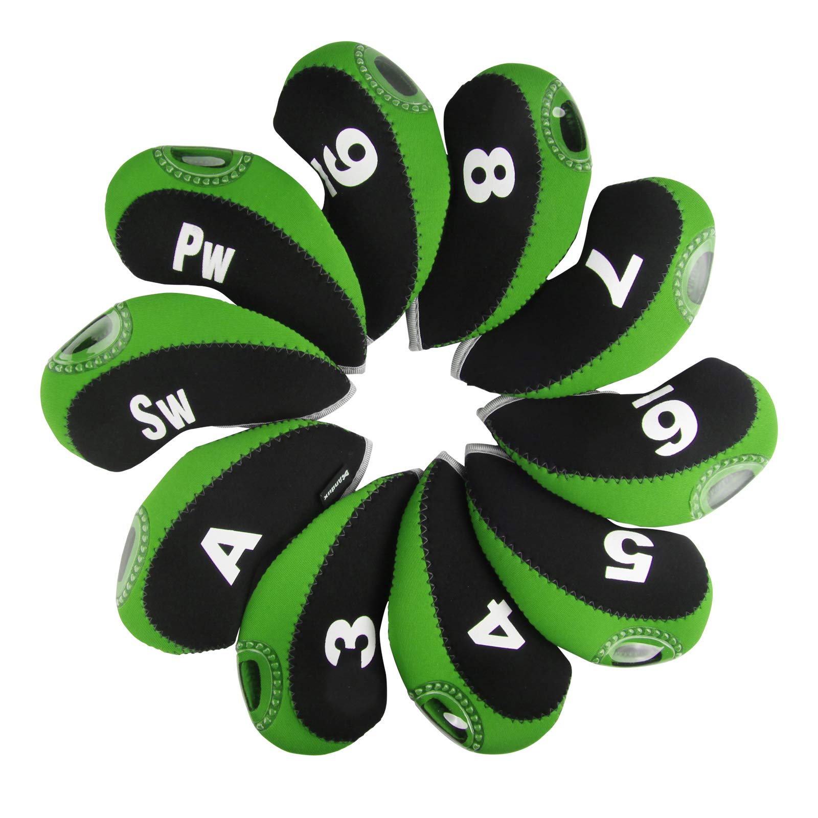Andux Print Number Golf Iron Club Head Covers with Transparent Window 10pcs/Set Black/lime green