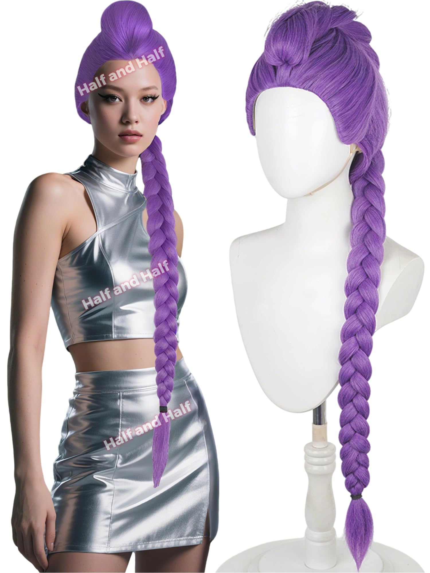 Photo 1 of Half and Half Long Purple Braid Ponytail Wig 41.3'' Pre-styled Purple Braided Anime Cosplay Wig for Women Party Halloween Costumes Movie Cos