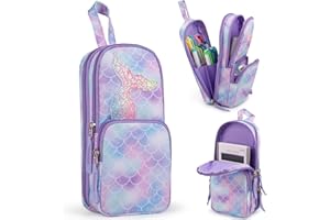 BERRYRIZZ Mermaid Large Capacity Pencil Case Pen Pouch Organizer Canvas Pencil Bag with Handle School Supplies for Teen Girls-Purple