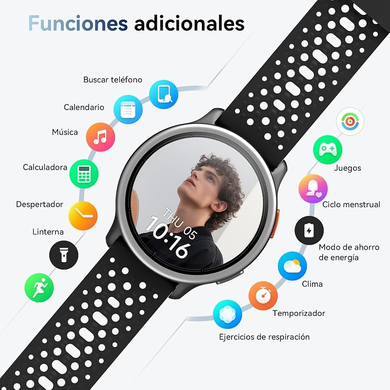 Relógio inteligente masculino de 1,27" Relógio inteligente feminino Tiras redondas 2, monitor de sono Funções de saúde e fitness 120+ Modos desportivos 3ATM Impermeável para iPhone/Samsung/Android Preto — foto 8 de 8