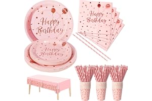 Nkaiso Party Tableware 121Pcs Pink and Rosegold Happy Birthday Theme Kids Birthday Decoration Party Accessories Set Includes 