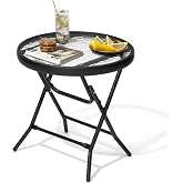 JOINHOM Outdoor Side Table, Small Patio End Table, Black | Foldable Portable, Thick Tempered Glass Tabletop, Sturdy Steel Frame, for Poolside Deck Backyard Garden Porch