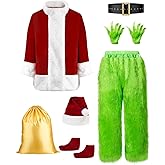 Koquena Green Santa Claus Costume for Men Furry Santa Suit Deluxe Complete Adult Santa Costume for Christmas Cosplay Holiday