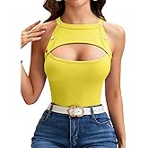 Vrtige Women's Cut Out Crewneck Ribbed Knit Sleeveless Slim Fit Tank Top Shirt