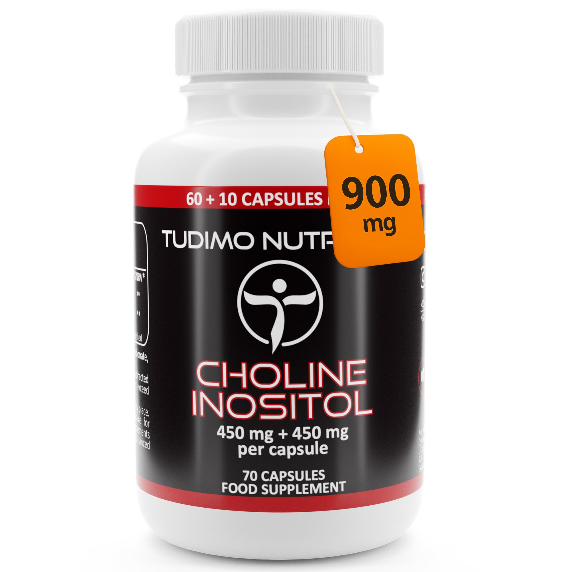 Choline + Inositol Supplement 900mg – Brain & Liver Support, Metabolism & Energy – 70 Vegan Easy-Swallow Capsules (2+ Month Supply) – Non-GMO, Gluten-Free