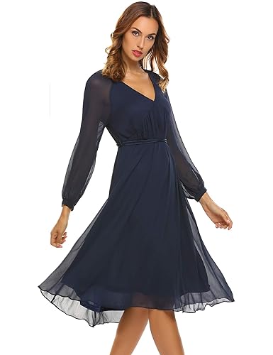 Damen Chiffon Kleider Empire Swing Tiefe V-Ausschnitt Knielang Elegantes Festliches Abendkleid Cocktailkleid mit Puffärmeln