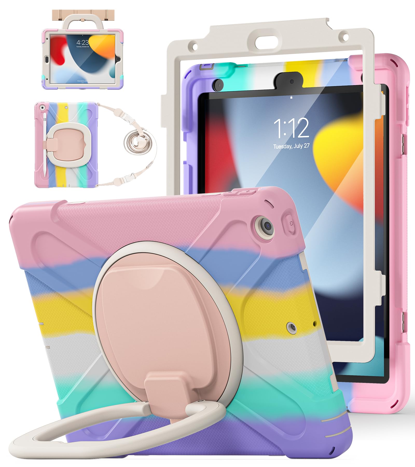 Photo 1 of BATYUE for iPad 9th/ 8th/ 7th Generation Case (iPad 10.2 inch Rugged Case 2021/2020/2019) with Screen Protector, Rotating Stand/Pencil Holder/Carrying Shoulder Strap (Colourful Pink)