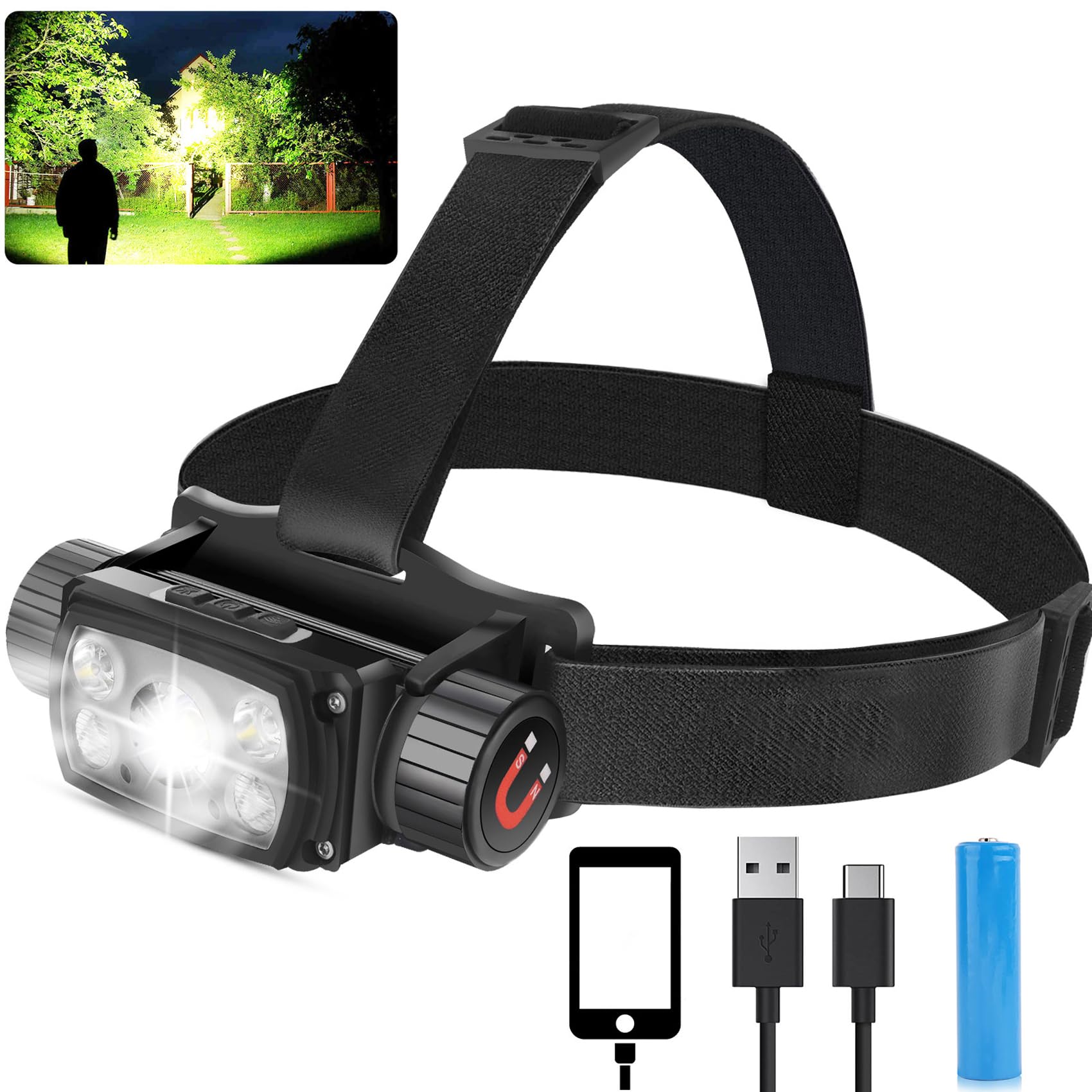 PARAROSE Rechargeable Led Head Torch, 90000 Lumen Super Bright Sports Sensor Headlamp, Waterproof Headtorch with 18 Kinds of Light Mode, Head Torch for Camping Hunting Running Fishing Hiking Biking