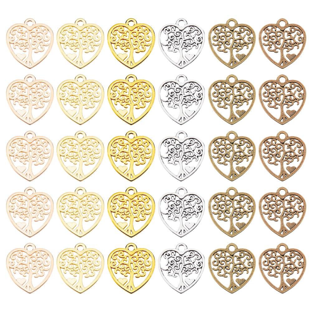SUNNYCLUE 1 Box 60Pcs 6 Colors Heart Tree of Life Charms Bulk Small Tree Charms Alloy Bronze Gold Silver Lucky Plant Love Charm for Jewellery Making Charms Supplies DIY Necklace Bracelet Earrings