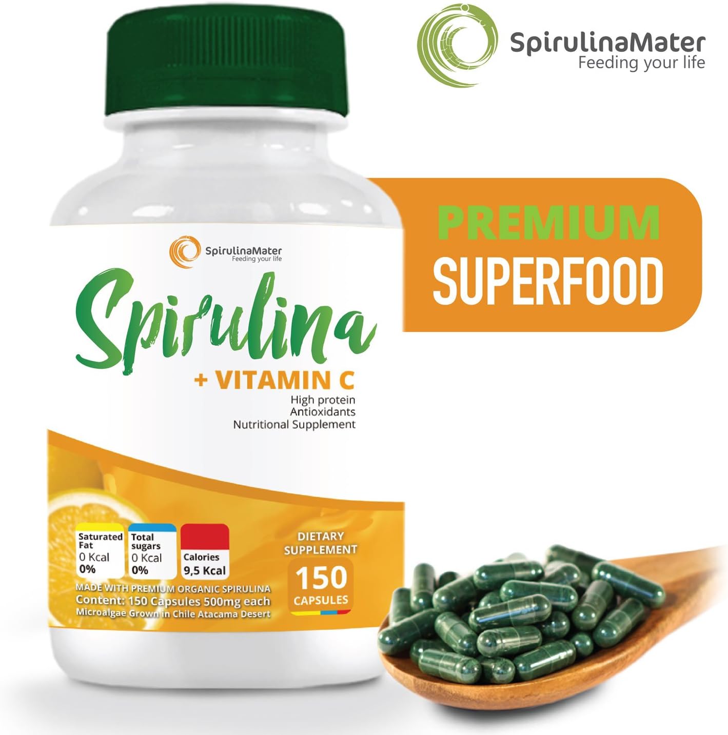Spirulina Capsules + Vitamin C 500 mg 150 Ct by SPIRULINA MATER - Blue Green Algae Superfood - High Protein Supplement - Organic, Vegan, Gluten Free & Non GMO - Not Chlorella