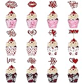 Valentine's Day Cupcake Toppers Decorations, Party Cupcake Wrappers & Red Cake Topper Picks Decoration for Valentine's Day Wedding Engagement Bridal Shower Birthday Party Cake Decorations Supplies