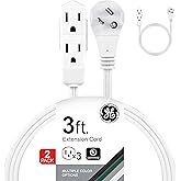 GE 3-Outlet Flat Extension Cord 3 Ft Grounded Extension Cord with Multiple Outlets 3 Prong Outlet Extender Flat Plug Power Strip Indoor 16 Gauge UL Listed 2 Pack White 69871
