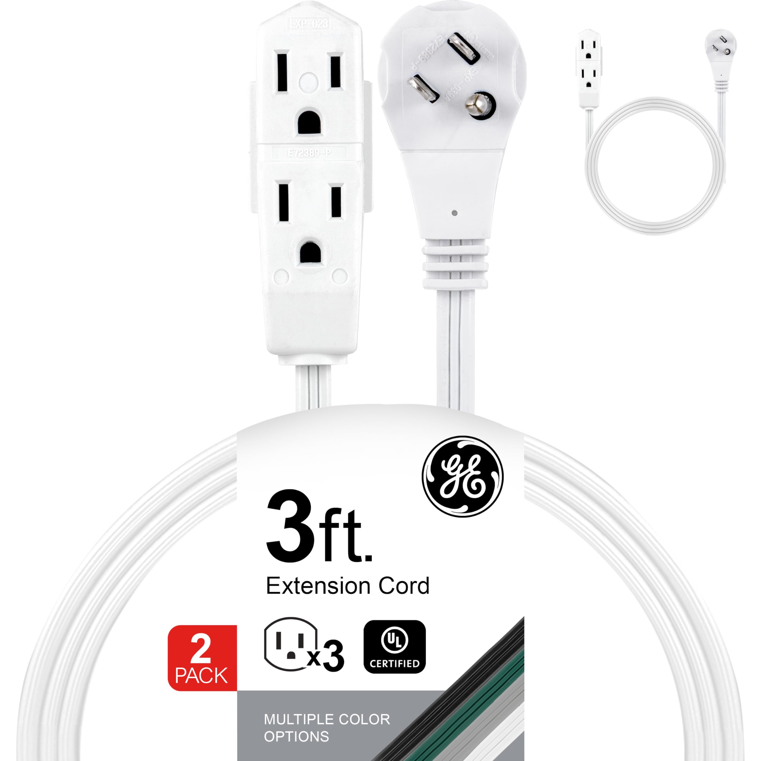 Photo 1 of GE 3-Outlet Flat Extension Cord 3 Ft Grounded Extension Cord with Multiple Outlets 3 Prong Outlet Extender Flat Plug Power Strip Indoor 16 Gauge UL Listed 2 Pack White 69871