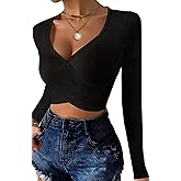 Womens Sexy Sweetheart Neck Wrap Cross Crop Top Slim Fitted Basic Long Sleeve Cropped T Shirts