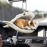 Talataca Pembroke Welsh Corgi Sleeping Angel Wing Memorial Puppy Dog Mom 2D Flat Car Rear View Mirror Accessories Christmas Tree Ornament Decoration Hanging Charm Interior Rearview Pendant Decor Gift