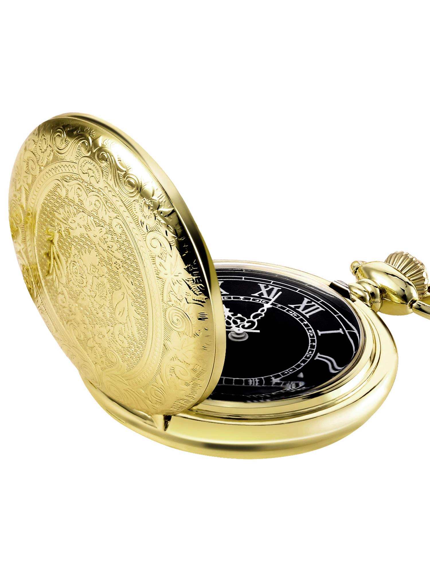 Hicarer Quartz Pocket Watch for Men with Black Dial and Chain (Gold)