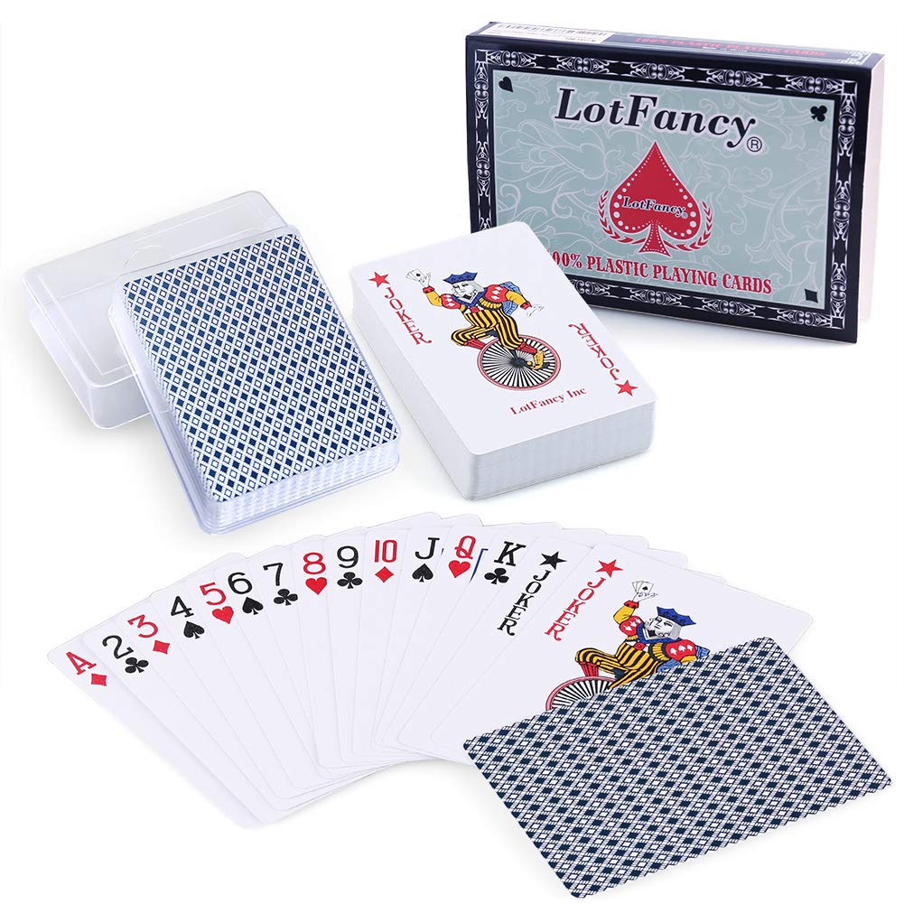 LotFancy Playing Cards, 100% Plastic, Waterproof - 2 Decks of Cards with Plastic Case, Poker Size Standard Index, for Magic Props, Pool Beach Water Card Games