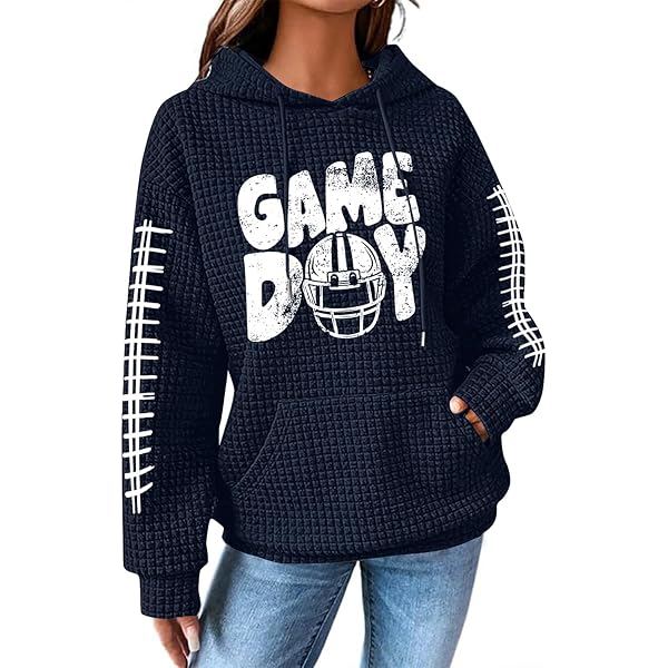 Mmoneyake Game Day Hooded Sweatshirt - Women's Funny Football Graphic Waffle Knit Hoodie
