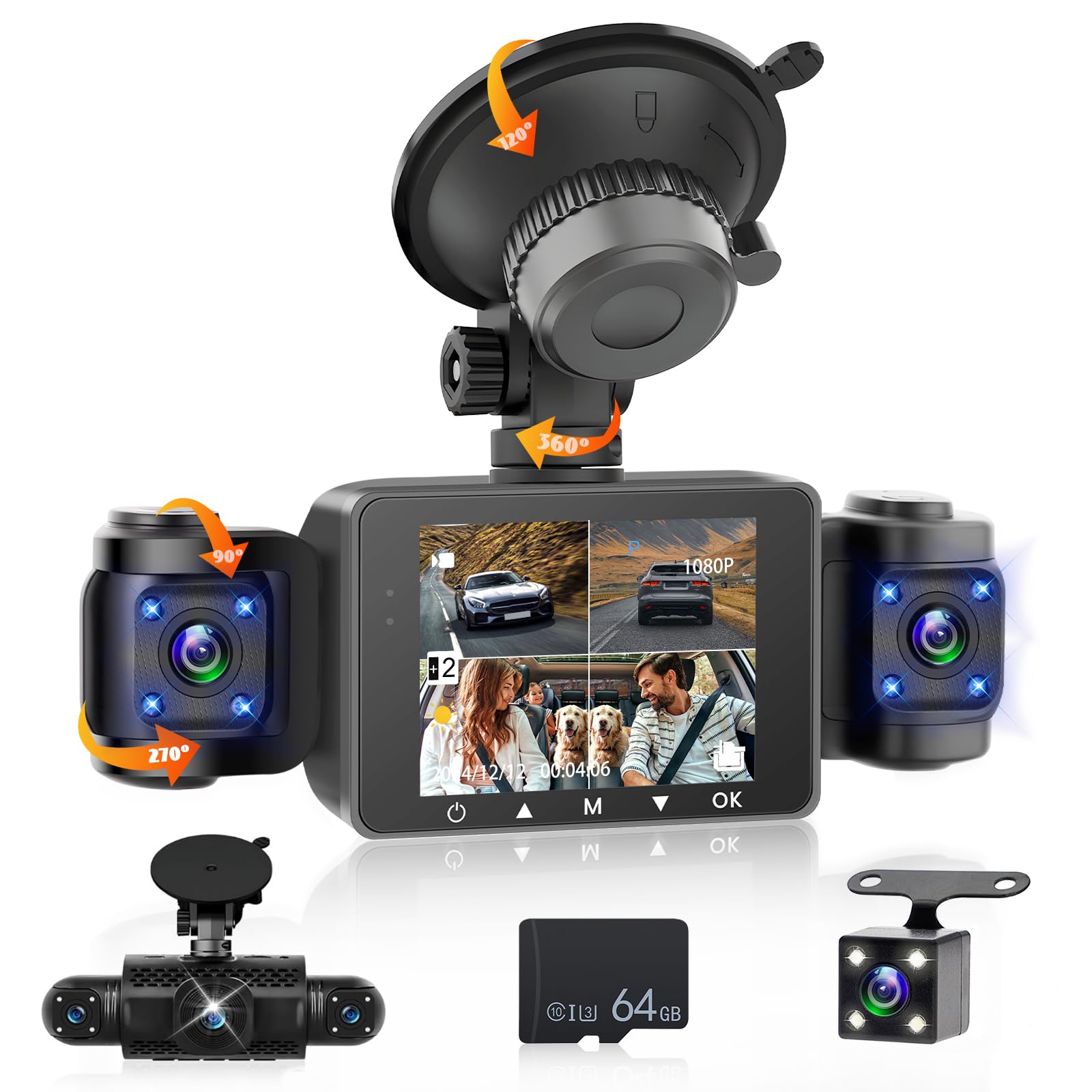 Photo 1 of 360° 4 Channel Dash Cam with 64G TF, 4 * 1080P 3" IPS DVR Dashcam Front and Rear Inside Left Right Dash Camera with 8 IR Night Vision, 360 Car Camera 24 Hours Recording,G-Sensor