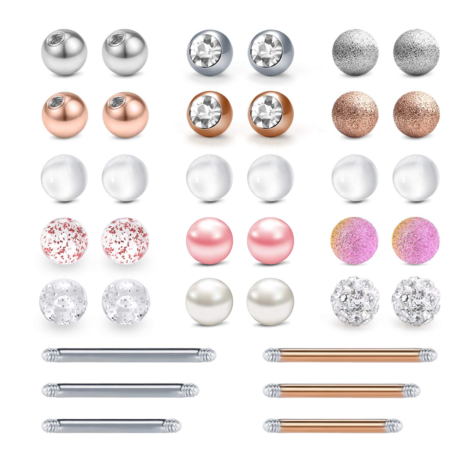 LAURITAMI 30pcs Replacement Piercing Balls 5mm Surgical Steel & Acrylic 14G Tongue Bars Balls Barbell Body Jewellery