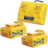Replacement for Dewalt 20V Max Battery 8.0Ah 2 Pack Compatible with Dewalt 20V Max Battery and Charger Combo Fit for dewalt 20 Volt max Batteries DCB200 DCB201 DCB203 DCB204 DCB206
