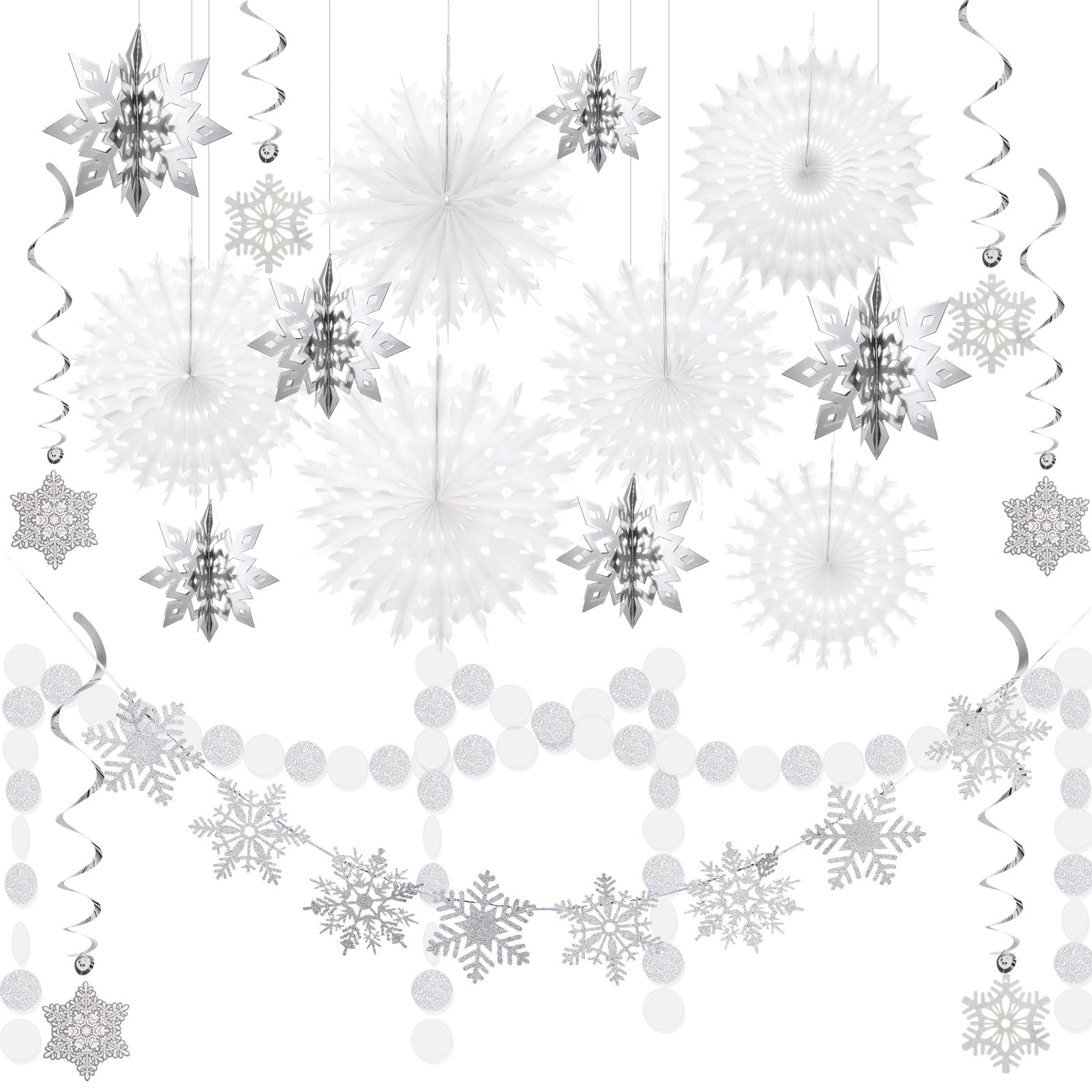 Photo 1 of CroBlissful 21 Pcs Winter Hanging Snowflake Decorations Pre-Strung Snowflake Garland Paper Banner Swirls Paper Fans for Wonderland Party Christmas Birthday Decor(Silver)
