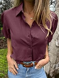Tankaneo Women's Button Down Shirts Short Puff