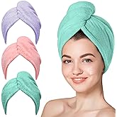 Hicober Microfiber Hair Towel Wrap for Women, Pink Purple Green, 3-Pack | Soft, highly absorbent wrap helps hair dry faster and stays securely in place on curly, thick or long hair