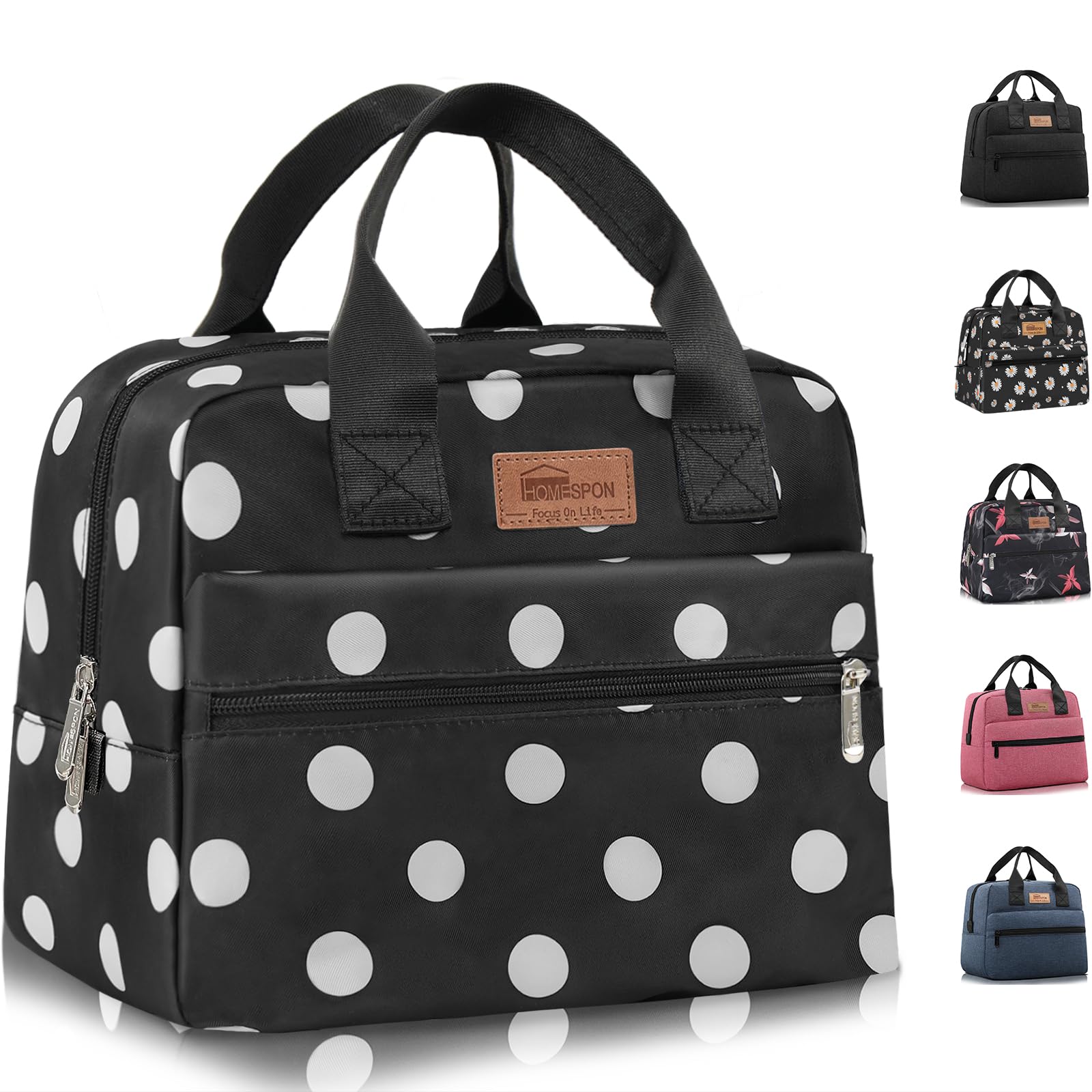HOMESPON Insulated Lunch Bag for Women Men Work Adult Cool Bag Lunch Box Large Capacity Ladies Tote Bag(Black Dots)