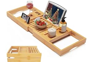 BAMBUROBA Foldable Bamboo Bathtub Caddy Tray Expandable for Luxury Bath, Bath Accessories & Table with Wine Glass Holder, Book Stand Bathroom Organizer with Extending Sides for Men/Women