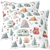 Set of 2 Camper Theme Throw Pillow Covers 16x16 inch, Happy Camping Pillow Covers, Travel Car Rv Accessories Cushion Cases, Botanical Flowers Mountain Adventure Pillow Inserts Not Included Room Decor