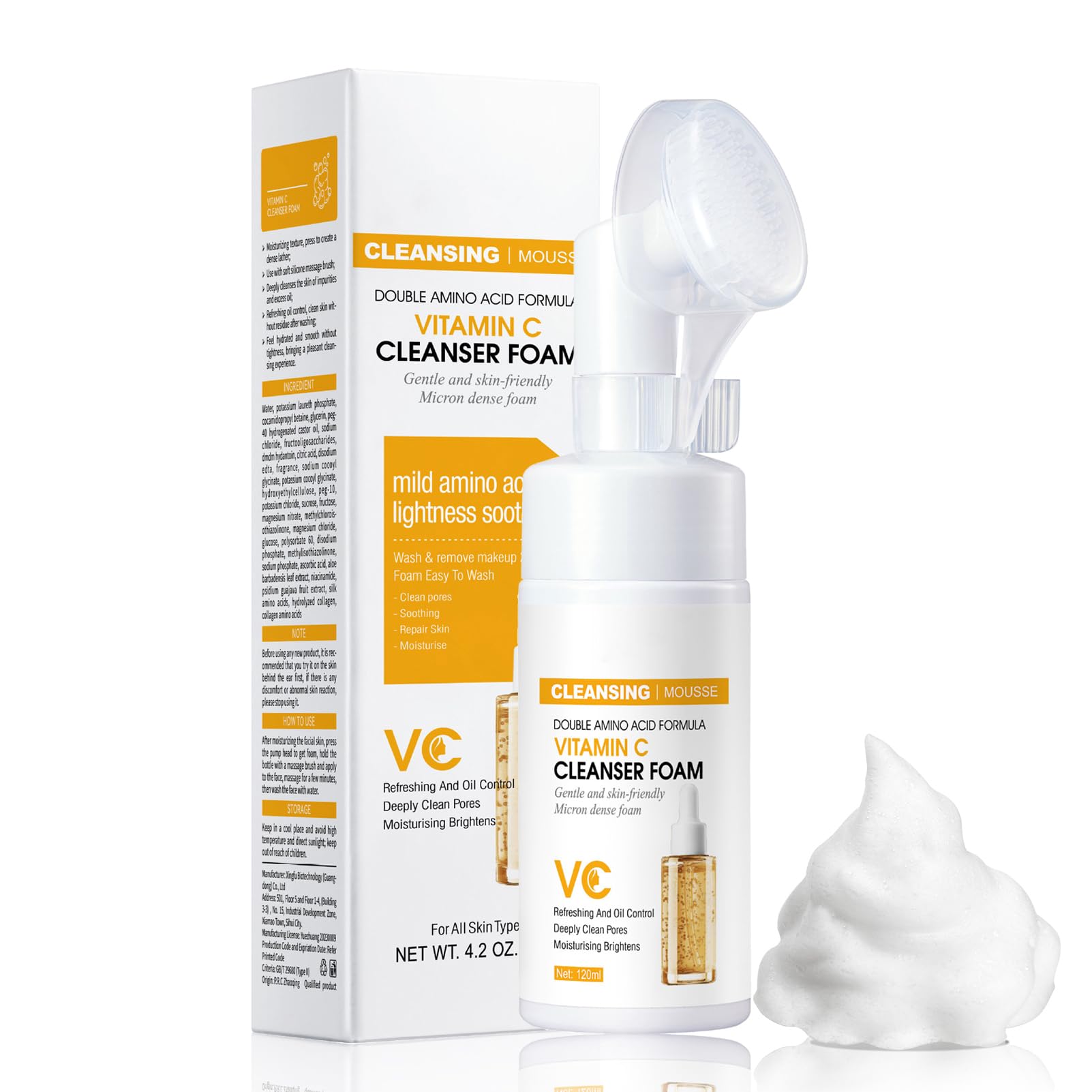 Vitamin C Foaming Face Cleanser, Foaming Cleanser with Silicone Brush, Gentle Facial Wash for Deep Cleansing, Hydrating,Smoothing, Exfoliates for All Skin Types (Vitamin C)