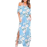 LILBETTER Womens Off The Shoulder Ruffle Party Dresses Side Split Beach Maxi Dress